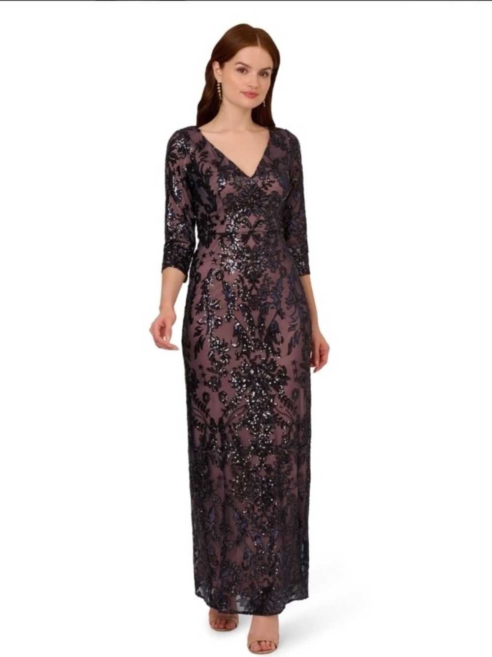 Adrianna Papell Studio Womens Beaded Lond Dress Navy/Rosegold Size 8